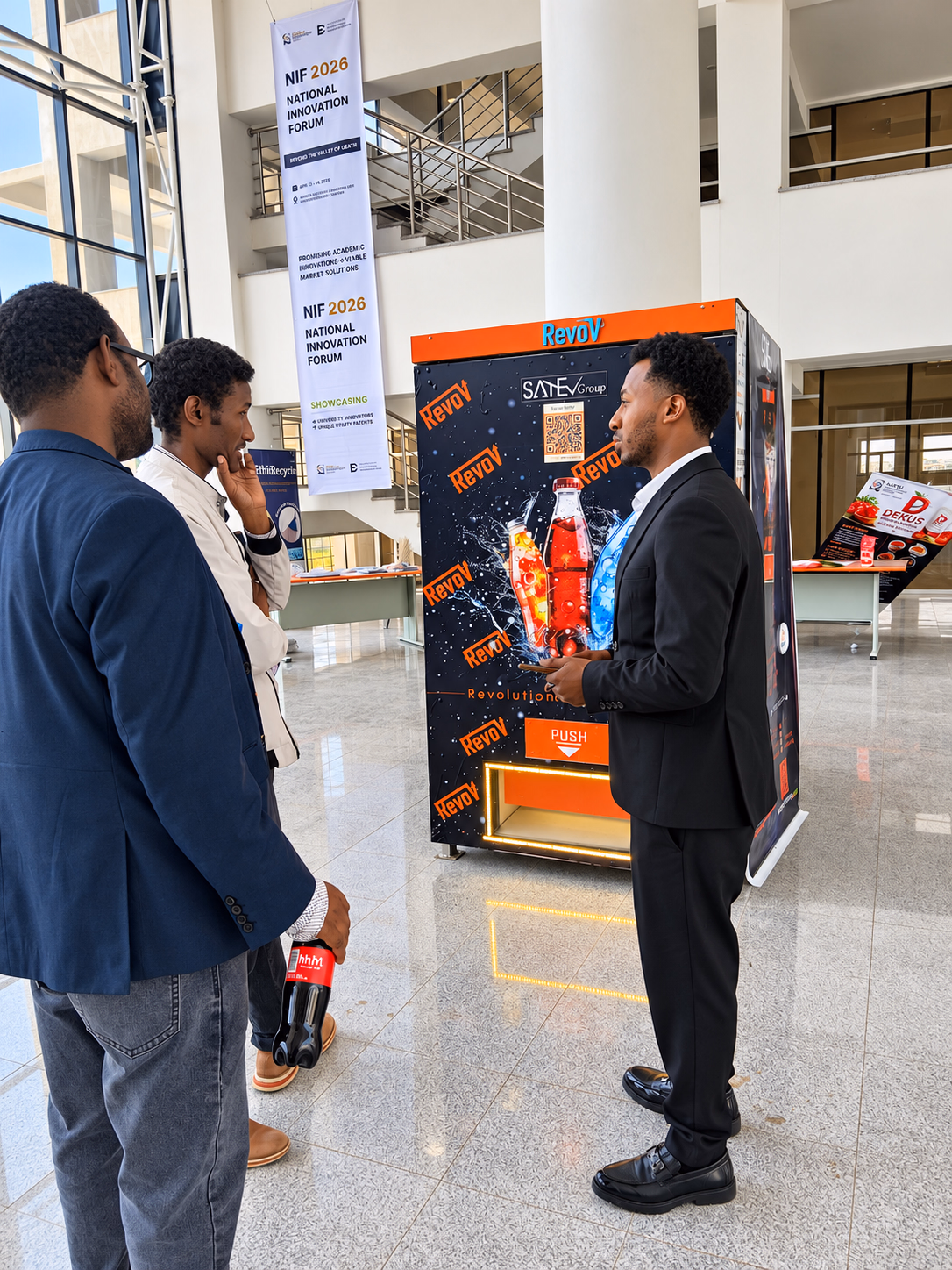SATEV team discussing the RevoV machine